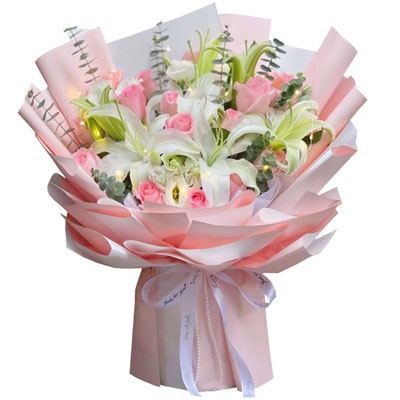 红河16朵粉玫瑰百合，感情稳定坚固