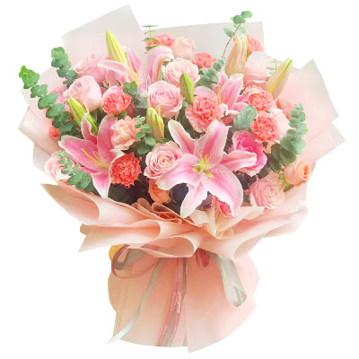 红河11朵粉色康乃馨玫瑰百合，充满爱和温馨
